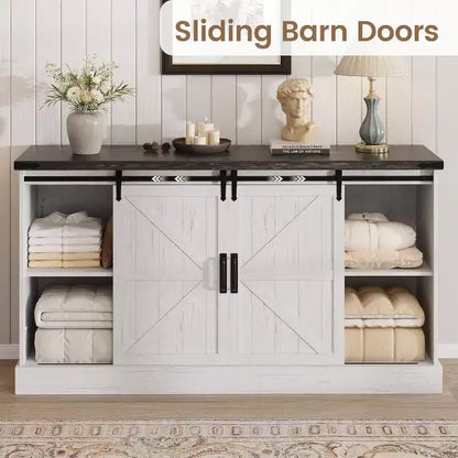 Farmhouse 4 Drawer Dresser, 59 Wood Dressers with Sliding Barn Doors, TV Stand with Drawers & Bar Handles, Chests of Drawers for Living Room, Bedroom