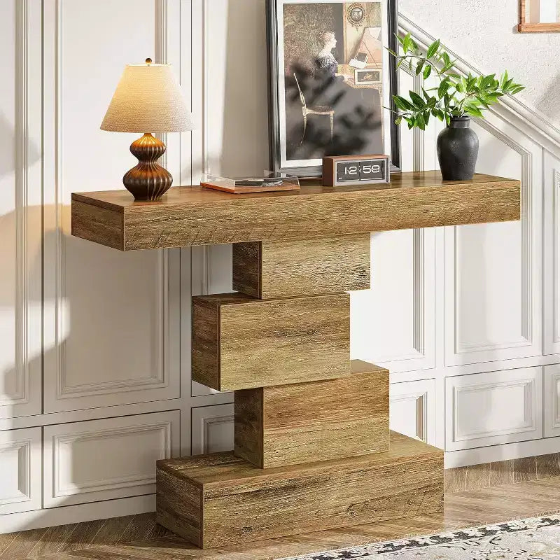 Lantine 42.5 Farmhouse Console Table, Narrow Wood Sofa Table Behind Couch with Geometric Base, Light Brown