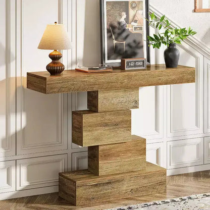 Lantine 42.5 Farmhouse Console Table, Narrow Wood Sofa Table Behind Couch with Geometric Base, Light Brown