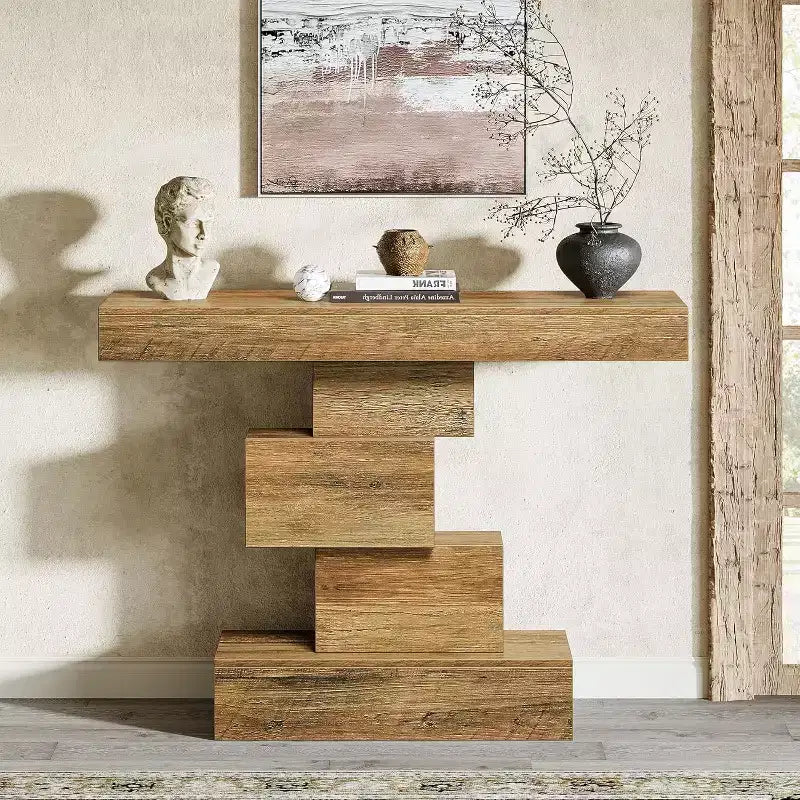 Lantine 42.5 Farmhouse Console Table, Narrow Wood Sofa Table Behind Couch with Geometric Base, Light Brown