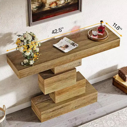 Lantine 42.5 Farmhouse Console Table, Narrow Wood Sofa Table Behind Couch with Geometric Base, Light Brown