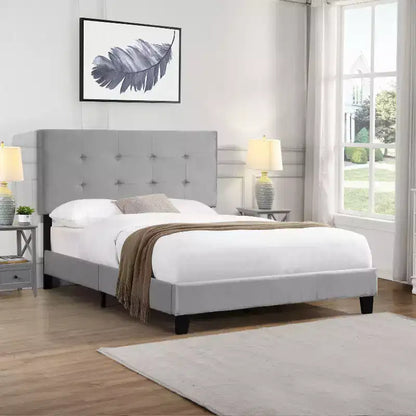 Okak Full Bed Frame with Pull Point Tufted Headboard,Upholstered Platform Bed Frame with Wood Slat Support for Bedroom,Gray