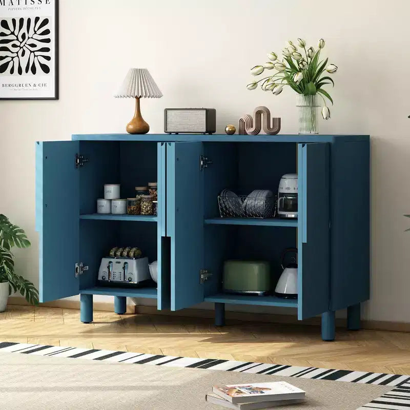 Madia a 4 Ante con Spazio Contenitore, Credenza in Legno con Maniglie ad Arco Uniche e Ripiani Regolabili per Sala da Pranzo