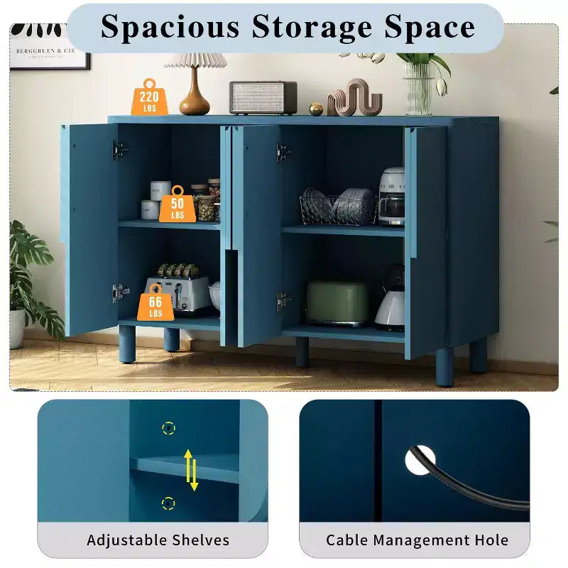 Madia a 4 Ante con Spazio Contenitore, Credenza in Legno con Maniglie ad Arco Uniche e Ripiani Regolabili per Sala da Pranzo