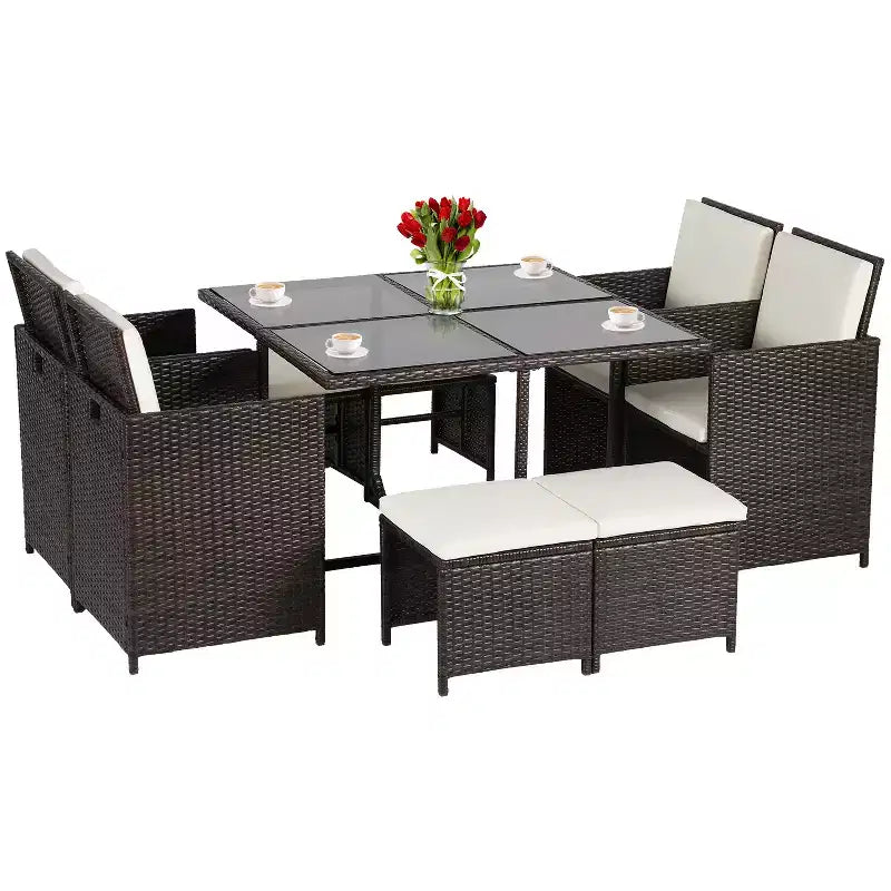 FDW Patio Dining Set Space-Saving 9-Piece Outdoor Patio Furniture Set with Glass-Topped Table