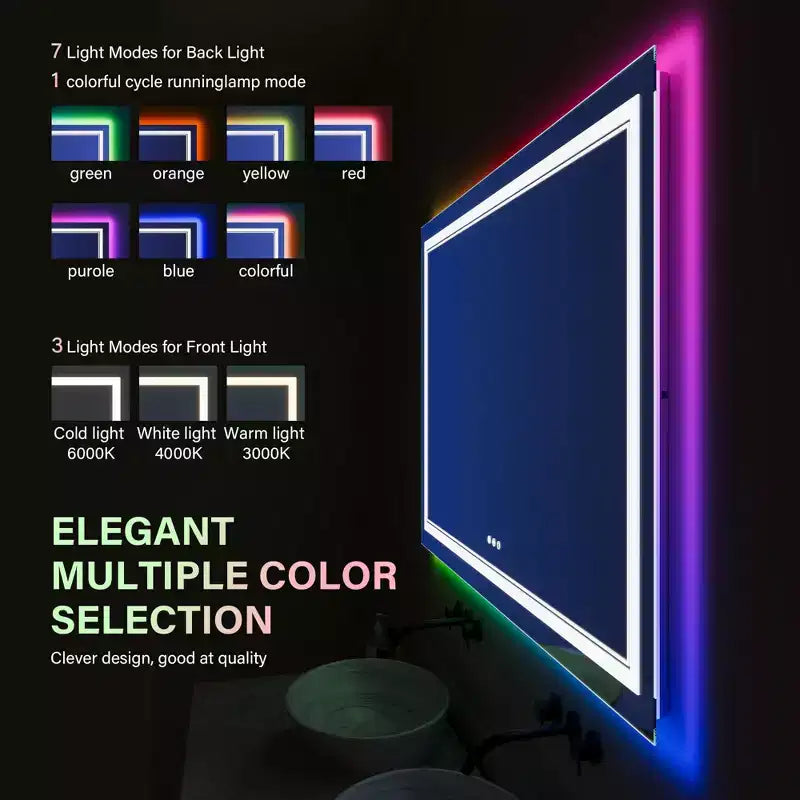 RGB LED Mirror for Bathroom, Mirror with 8 RGB Backlit & 3 Front Lit (Adjustable Individually),Horizontal/Vertical