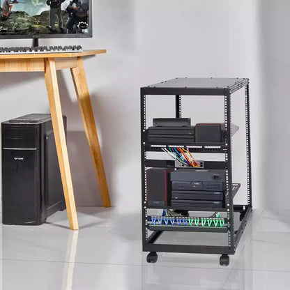 Armadio server VEVOR 20U, contenitore di rete a struttura aperta, montabile a parete con 2 ripiani perforati e 4 ruote, profondità regolabile 23''-40''