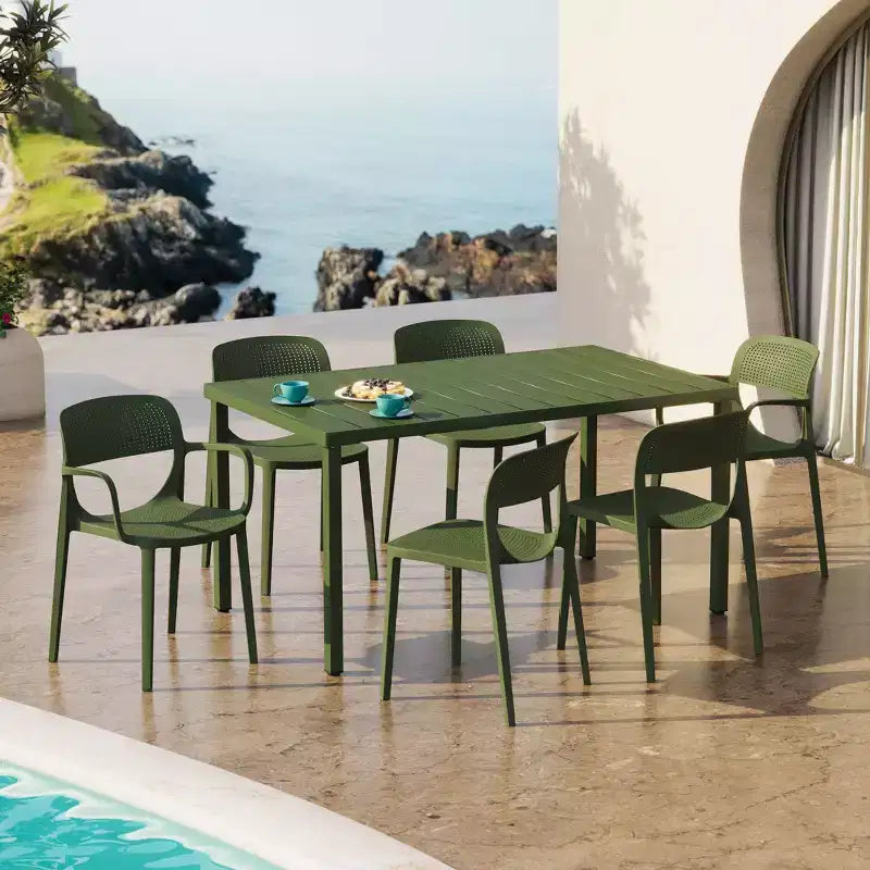 WestinTrends Playa 7-Piece Outdoor Rectangular Metal Patio Dining Table Set With Stackable Patio Dining Chairs
