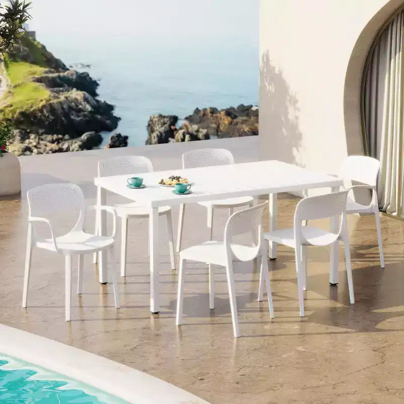 WestinTrends Playa 7-Piece Outdoor Rectangular Metal Patio Dining Table Set With Stackable Patio Dining Chairs