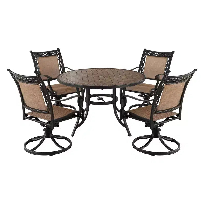 CLIHOME 5-Piece Outdoor Aluminum Dining Set With 4 360 Swivel Chairs & 1 48 Round Ceramic Table With Umbrella Hole