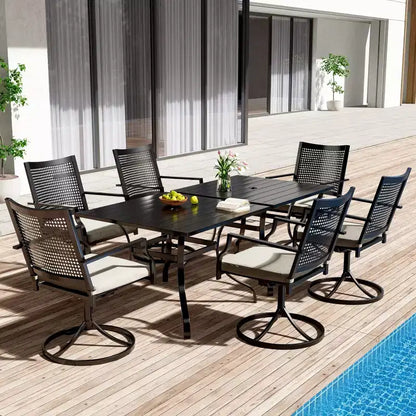 Set da pranzo da esterno a 8 pezzi CLIHOME, tavolo quadrato con foro per ombrellone e sedie girevoli a 360°