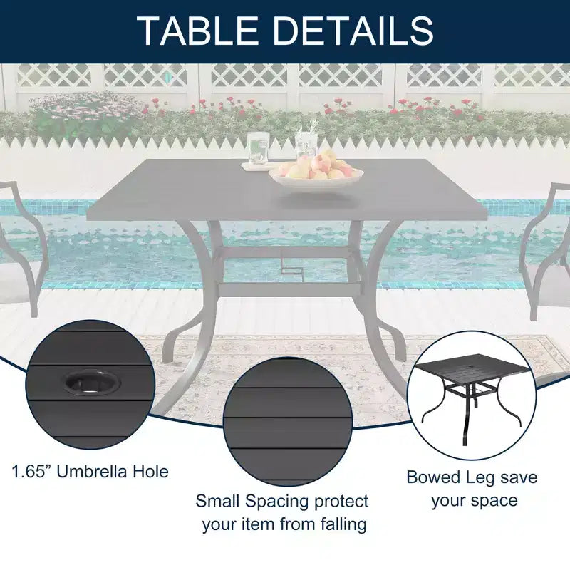 Set da pranzo da esterno a 8 pezzi CLIHOME, tavolo quadrato con foro per ombrellone e sedie girevoli a 360°