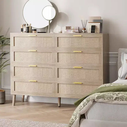 8 Drawer Dresser, Natural Rattan Dresser for Bedroom, Farmhouse Wood Chest of Drawer with Golden Handles for Living Room, Entryway