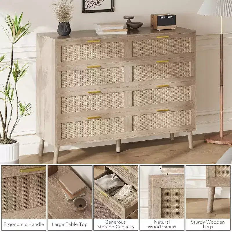 8 Drawer Dresser, Natural Rattan Dresser for Bedroom, Farmhouse Wood Chest of Drawer with Golden Handles for Living Room, Entryway