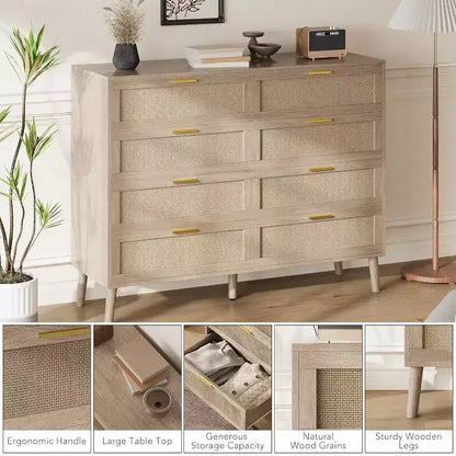 8 Drawer Dresser, Natural Rattan Dresser for Bedroom, Farmhouse Wood Chest of Drawer with Golden Handles for Living Room, Entryway