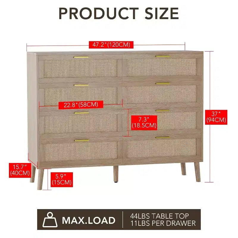 8 Drawer Dresser, Natural Rattan Dresser for Bedroom, Farmhouse Wood Chest of Drawer with Golden Handles for Living Room, Entryway