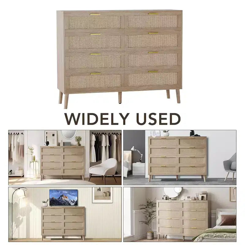 8 Drawer Dresser, Natural Rattan Dresser for Bedroom, Farmhouse Wood Chest of Drawer with Golden Handles for Living Room, Entryway