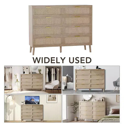 8 Drawer Dresser, Natural Rattan Dresser for Bedroom, Farmhouse Wood Chest of Drawer with Golden Handles for Living Room, Entryway
