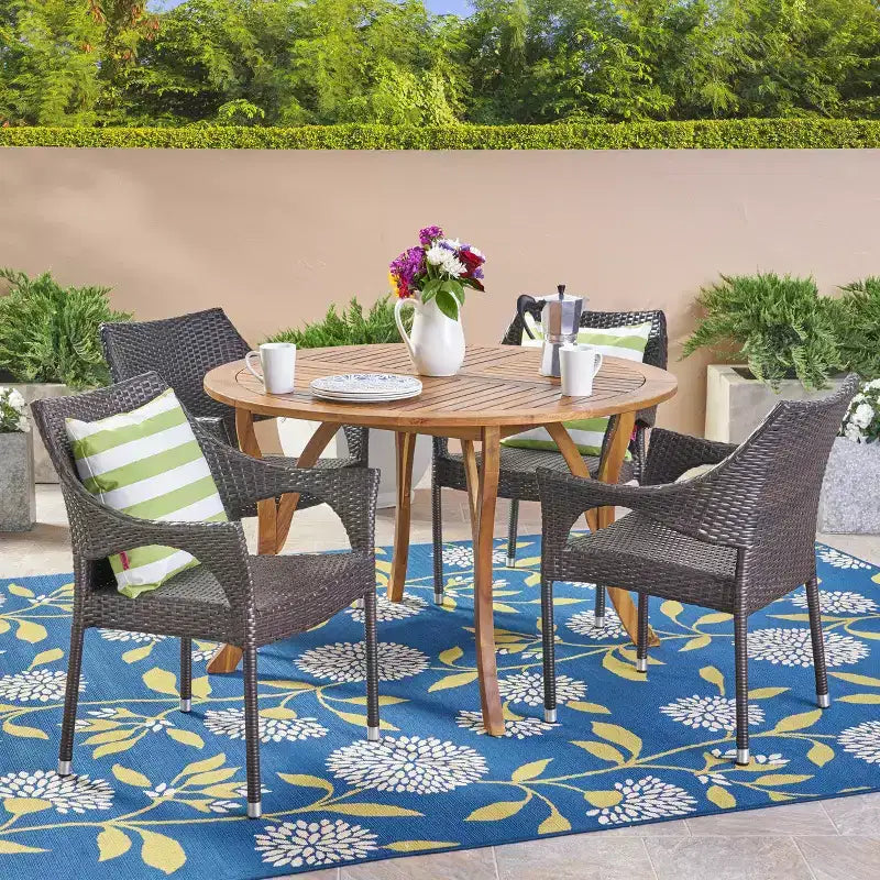 Christopher Knight Home Jerzie Set da Pranzo da Esterno 5 Pezzi in Legno di Acacia e Vimini