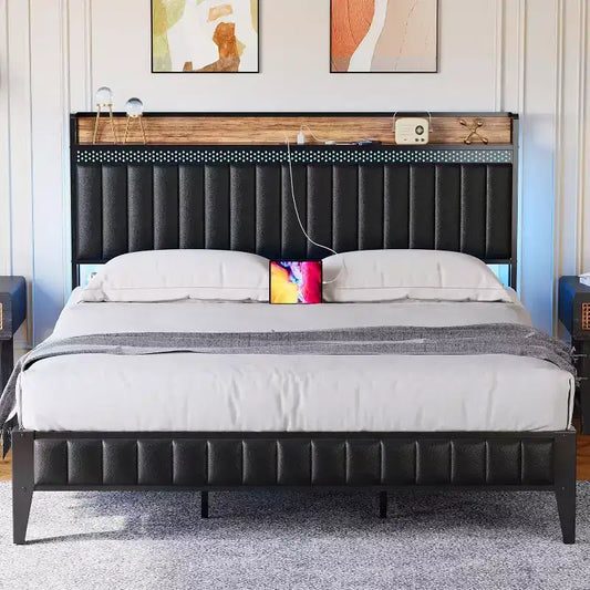 1-Piece XBT Modern LED Bed - PU Headboard with Charging Station, RGB Lights & Storage, No Box Spring Metal Frame