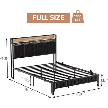 1-Piece XBT Modern LED Bed - PU Headboard with Charging Station, RGB Lights & Storage, No Box Spring Metal Frame