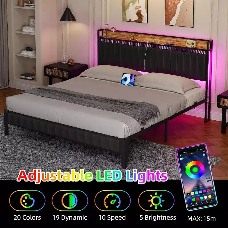 1-Piece XBT Modern LED Bed - PU Headboard with Charging Station, RGB Lights & Storage, No Box Spring Metal Frame