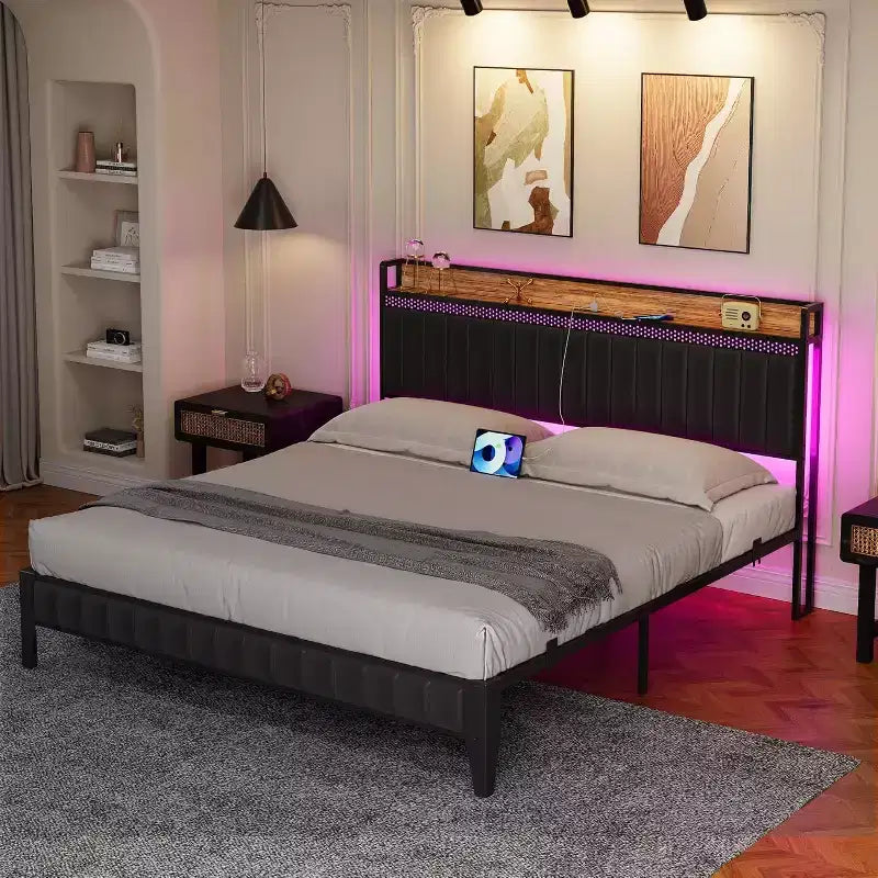 1-Piece XBT Modern LED Bed - PU Headboard with Charging Station, RGB Lights & Storage, No Box Spring Metal Frame