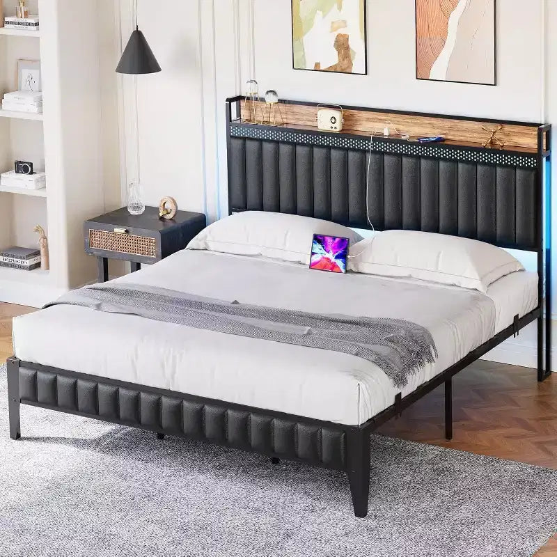 1-Piece XBT Modern LED Bed - PU Headboard with Charging Station, RGB Lights & Storage, No Box Spring Metal Frame