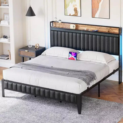 1-Piece XBT Modern LED Bed - PU Headboard with Charging Station, RGB Lights & Storage, No Box Spring Metal Frame