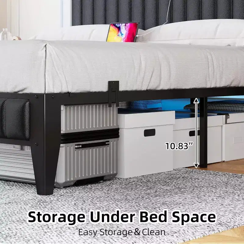 1-Piece XBT Modern LED Bed - PU Headboard with Charging Station, RGB Lights & Storage, No Box Spring Metal Frame