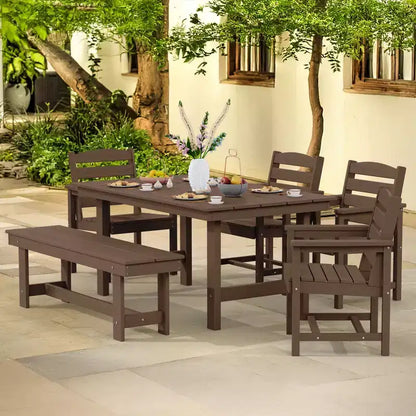 Hyleory Set da Pranzo per Esterni da 6 Pezzi in HDPE con Tavolo Rettangolare e Foro per Ombrellone, Panca e Poltrone