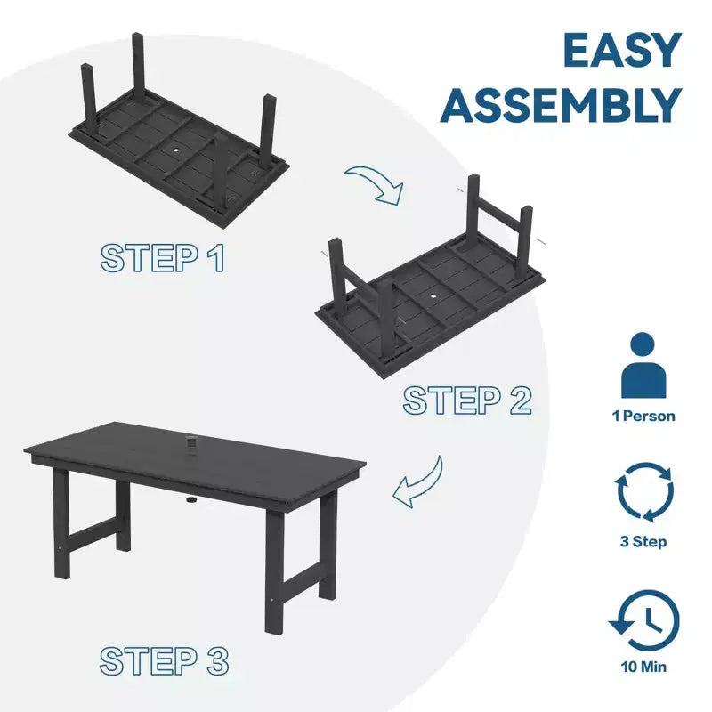 Hyleory Set da Pranzo per Esterni da 6 Pezzi in HDPE con Tavolo Rettangolare e Foro per Ombrellone, Panca e Poltrone