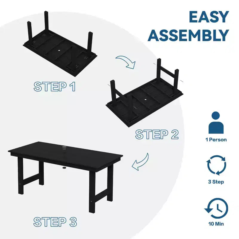 Hyleory Set da Pranzo per Esterni da 6 Pezzi in HDPE con Tavolo Rettangolare e Foro per Ombrellone, Panca e Poltrone