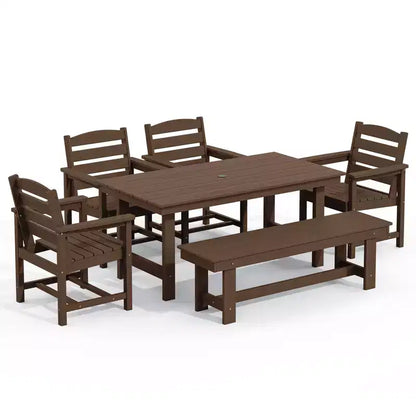 Hyleory Set da Pranzo per Esterni da 6 Pezzi in HDPE con Tavolo Rettangolare e Foro per Ombrellone, Panca e Poltrone