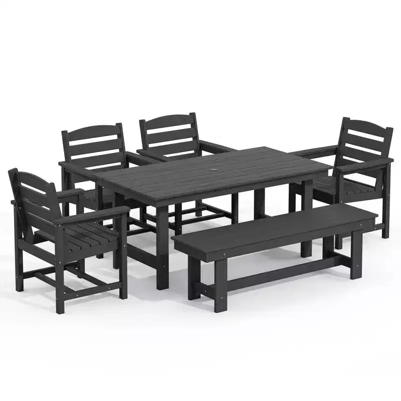 Hyleory Set da Pranzo per Esterni da 6 Pezzi in HDPE con Tavolo Rettangolare e Foro per Ombrellone, Panca e Poltrone