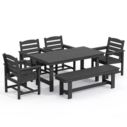 Hyleory Set da Pranzo per Esterni da 6 Pezzi in HDPE con Tavolo Rettangolare e Foro per Ombrellone, Panca e Poltrone