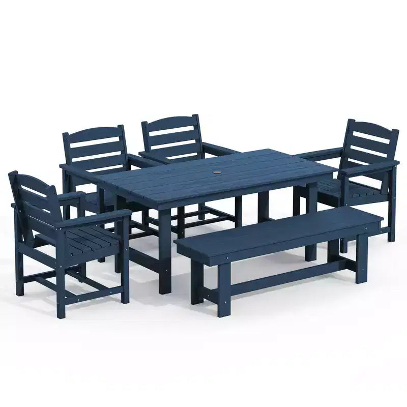 Hyleory Set da Pranzo per Esterni da 6 Pezzi in HDPE con Tavolo Rettangolare e Foro per Ombrellone, Panca e Poltrone