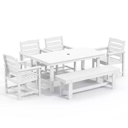 Hyleory Set da Pranzo per Esterni da 6 Pezzi in HDPE con Tavolo Rettangolare e Foro per Ombrellone, Panca e Poltrone