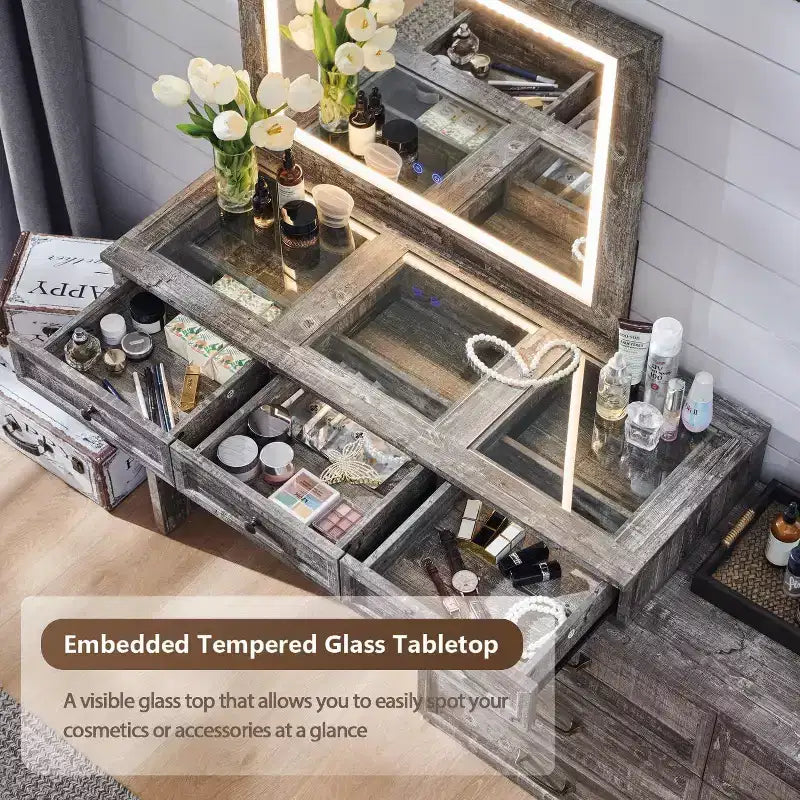 Mastgoal 69 W Grande Scrivania per Vanity con Piano in Vetro, Tavolo da Trucco Rustico con 9 Grandi Cassetti Contenitori, 3 Colori Disponibili Luce & Specchio LED HD da 30