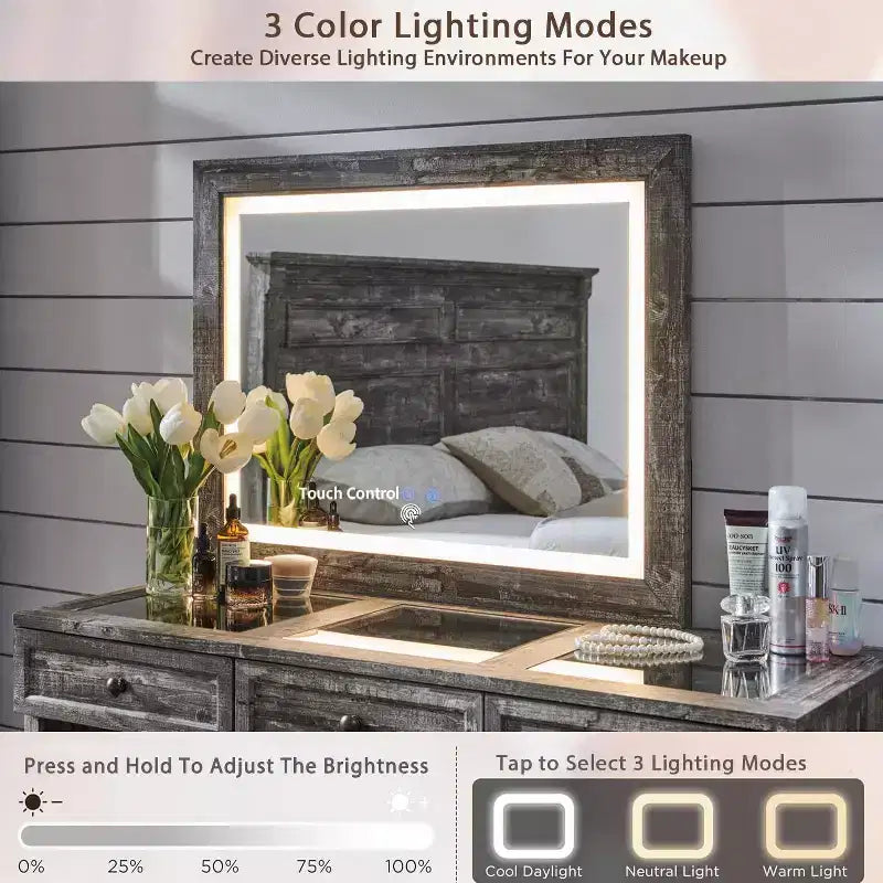 Mastgoal 69 W Grande Scrivania per Vanity con Piano in Vetro, Tavolo da Trucco Rustico con 9 Grandi Cassetti Contenitori, 3 Colori Disponibili Luce & Specchio LED HD da 30