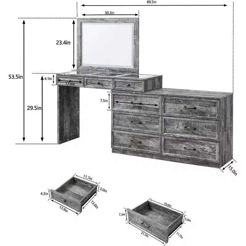 Mastgoal 69 W Grande Scrivania per Vanity con Piano in Vetro, Tavolo da Trucco Rustico con 9 Grandi Cassetti Contenitori, 3 Colori Disponibili Luce & Specchio LED HD da 30
