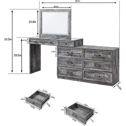Mastgoal 69 W Grande Scrivania per Vanity con Piano in Vetro, Tavolo da Trucco Rustico con 9 Grandi Cassetti Contenitori, 3 Colori Disponibili Luce & Specchio LED HD da 30