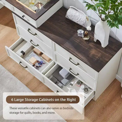 Mastgoal 69 W Grande Scrivania per Vanity con Piano in Vetro, Tavolo da Trucco Rustico con 9 Grandi Cassetti Contenitori, 3 Colori Disponibili Luce & Specchio LED HD da 30