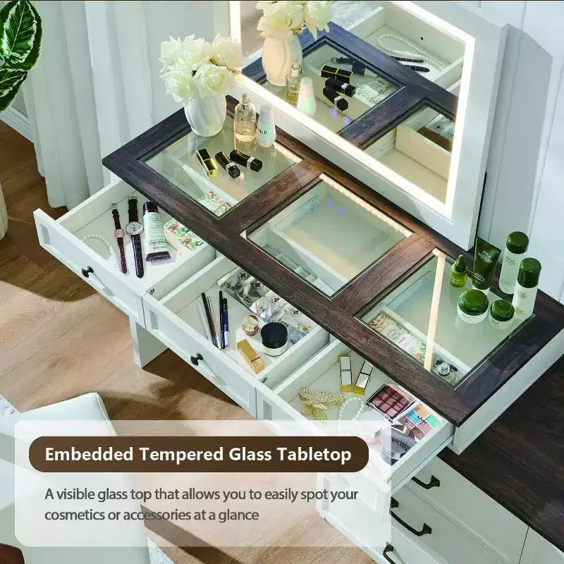 Mastgoal 69 W Grande Scrivania per Vanity con Piano in Vetro, Tavolo da Trucco Rustico con 9 Grandi Cassetti Contenitori, 3 Colori Disponibili Luce & Specchio LED HD da 30