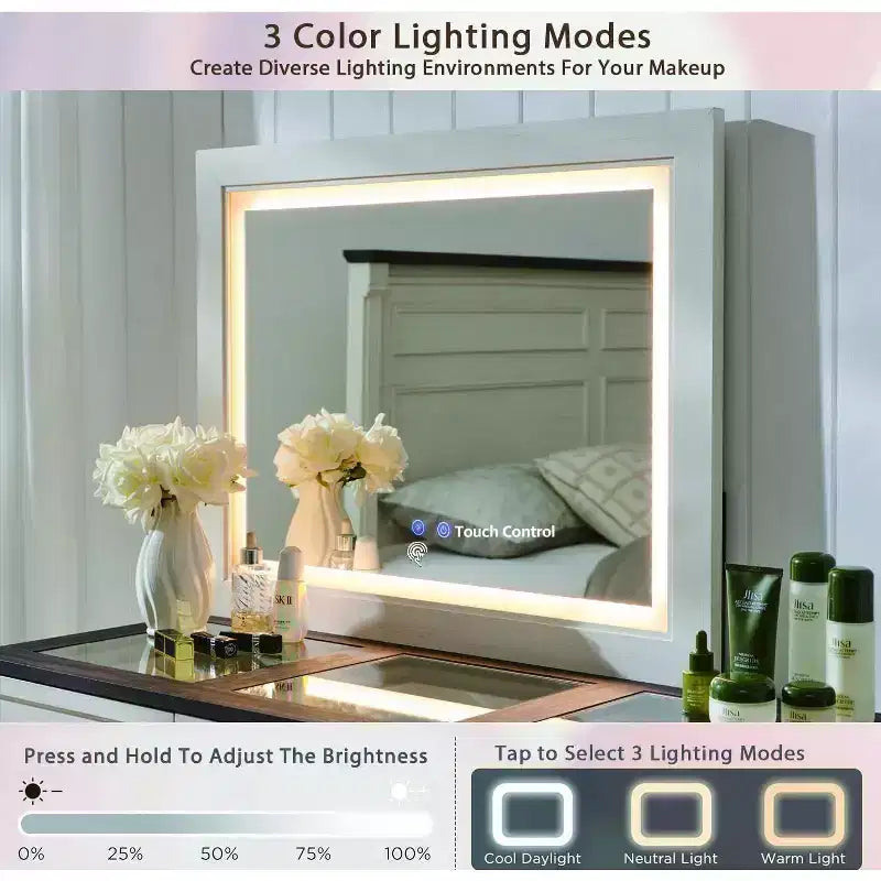 Mastgoal 69 W Grande Scrivania per Vanity con Piano in Vetro, Tavolo da Trucco Rustico con 9 Grandi Cassetti Contenitori, 3 Colori Disponibili Luce & Specchio LED HD da 30