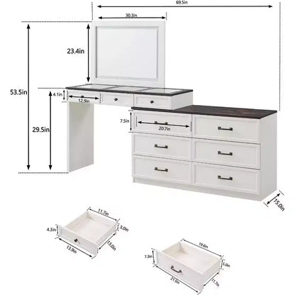 Mastgoal 69 W Grande Scrivania per Vanity con Piano in Vetro, Tavolo da Trucco Rustico con 9 Grandi Cassetti Contenitori, 3 Colori Disponibili Luce & Specchio LED HD da 30