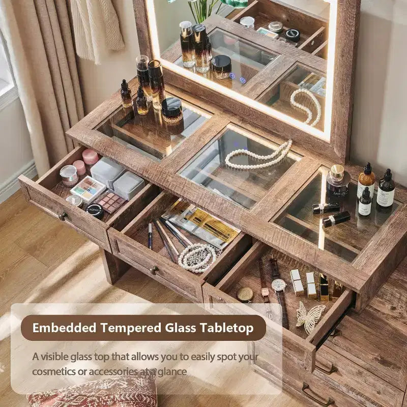 Mastgoal 69 W Grande Scrivania per Vanity con Piano in Vetro, Tavolo da Trucco Rustico con 9 Grandi Cassetti Contenitori, 3 Colori Disponibili Luce & Specchio LED HD da 30
