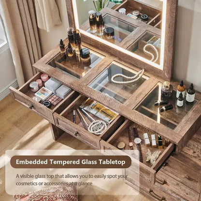 Mastgoal 69 W Grande Scrivania per Vanity con Piano in Vetro, Tavolo da Trucco Rustico con 9 Grandi Cassetti Contenitori, 3 Colori Disponibili Luce & Specchio LED HD da 30