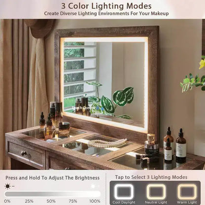 Mastgoal 69 W Grande Scrivania per Vanity con Piano in Vetro, Tavolo da Trucco Rustico con 9 Grandi Cassetti Contenitori, 3 Colori Disponibili Luce & Specchio LED HD da 30
