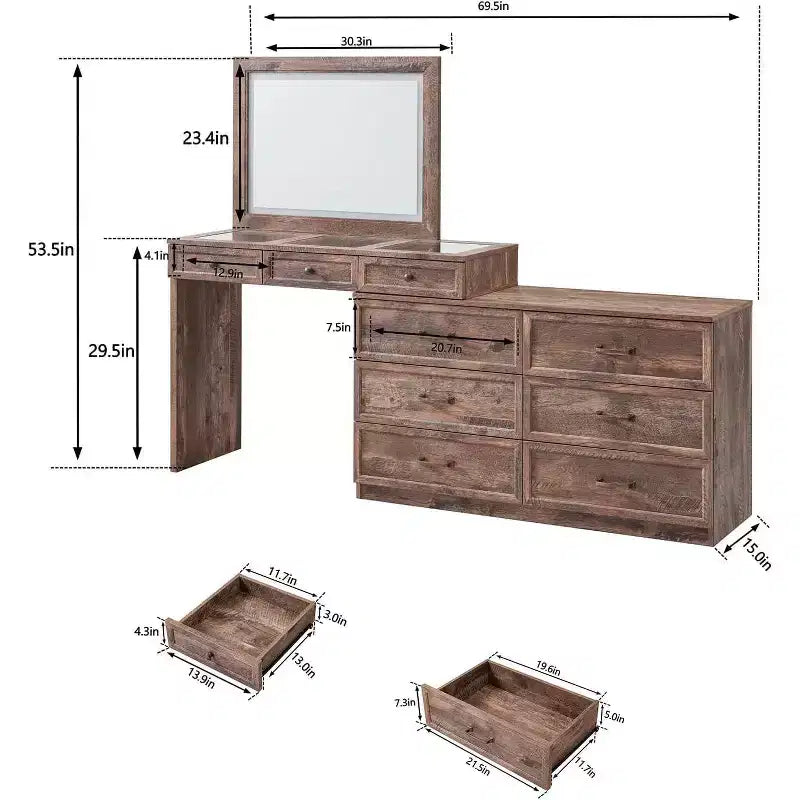 Mastgoal 69 W Grande Scrivania per Vanity con Piano in Vetro, Tavolo da Trucco Rustico con 9 Grandi Cassetti Contenitori, 3 Colori Disponibili Luce & Specchio LED HD da 30